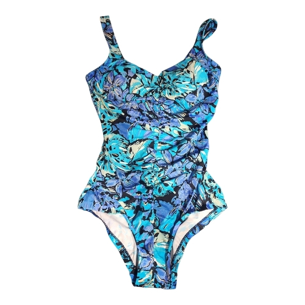 Blue Floral Ruched One-Piece Swimsuit Size 12